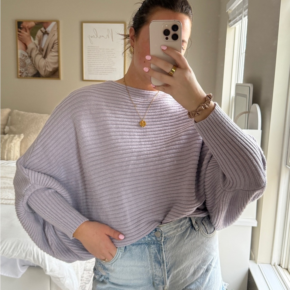 Lavender Ribbed Knit Batwing Sweater